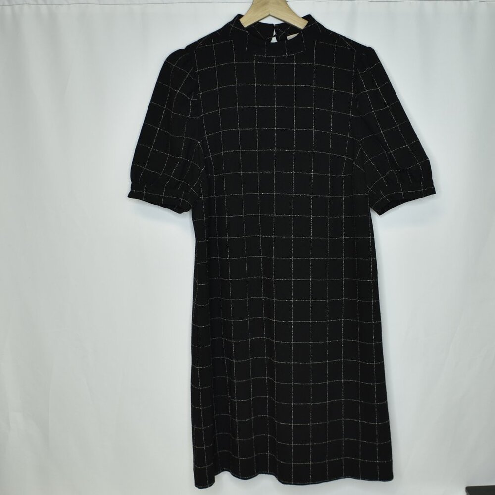 LOFT Women's Dress Shift Windowpane Puff Sleeve Mock Neck Black White